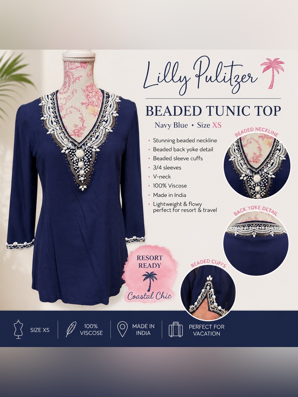 Lilly Pulitzer Braydon Tunic Navy Blue Embellished Beaded Resort Top Blouse XS